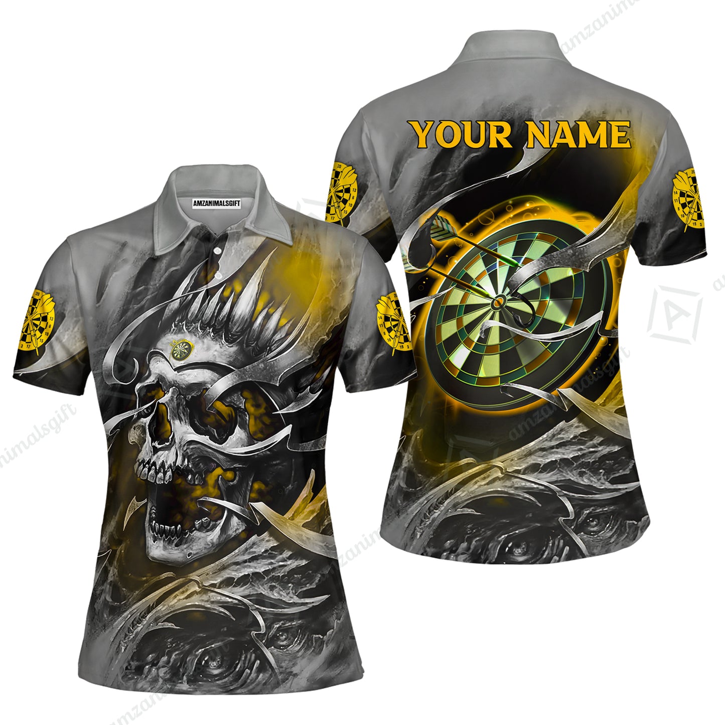 Darts Men Polo Shirt Custom Name - Green Skull Dartboard Personalized Polo Shirt For Men - Gift For Darts Player, Friend, Family