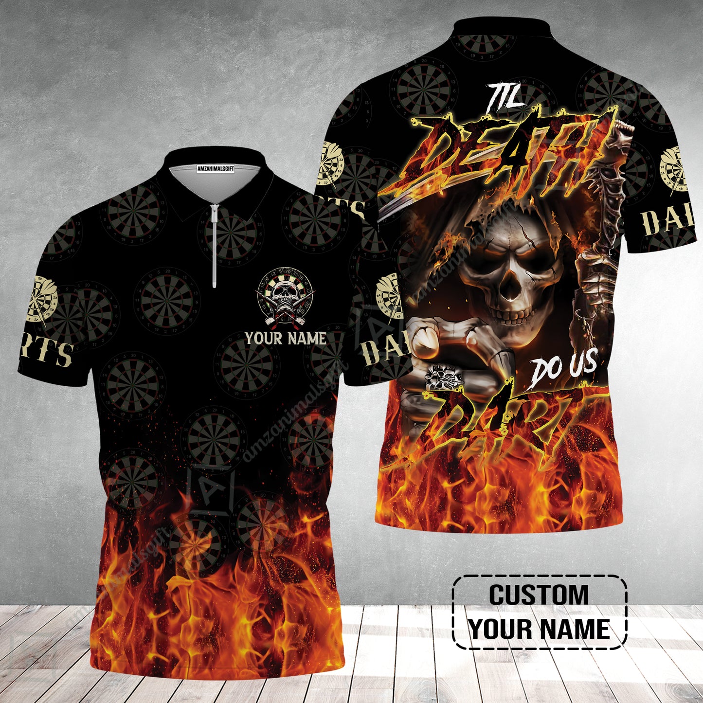 Darts Custom Name Zip Polo Shirt - Til Death Do Us Dart Dartboard Personalized Zip Polo Shirt
