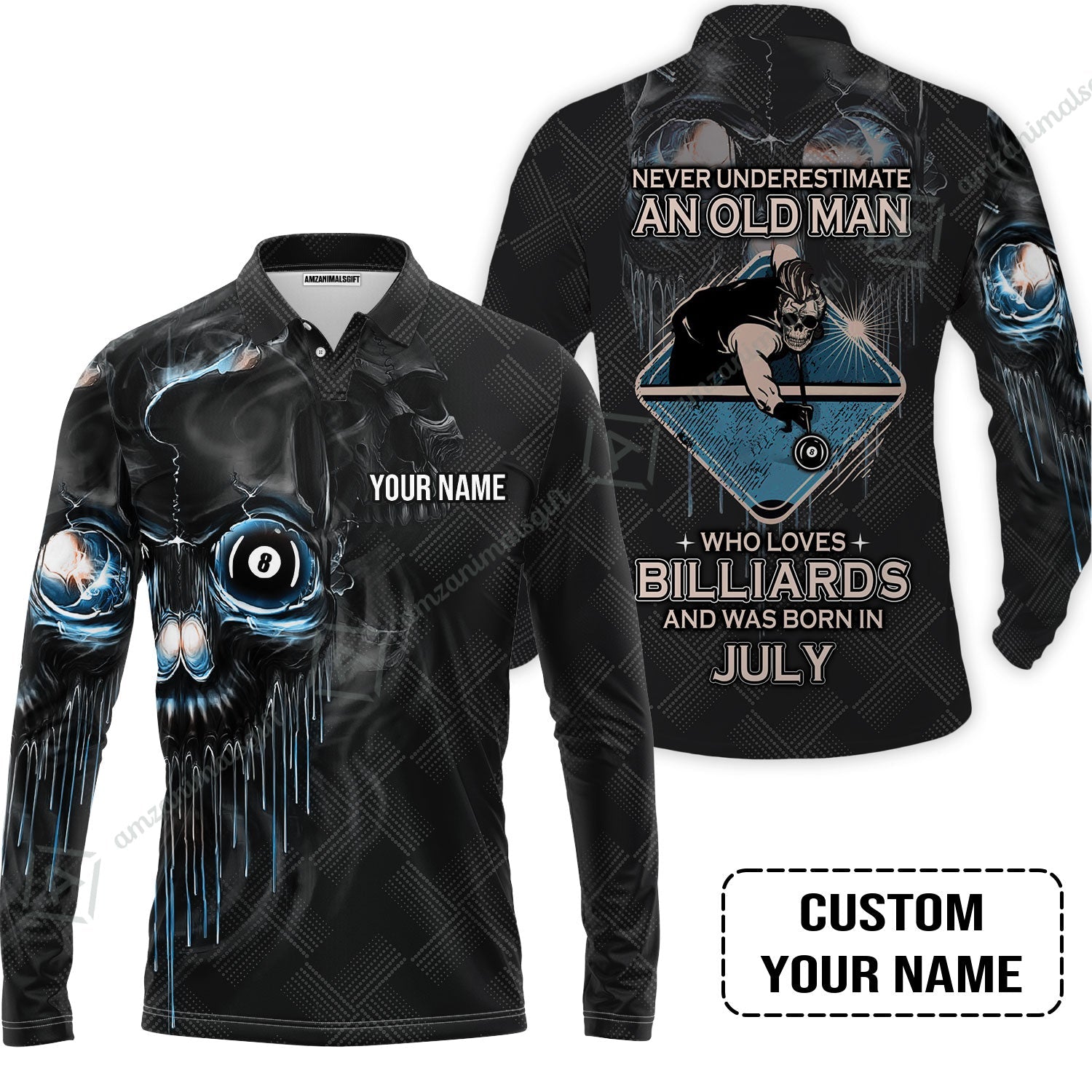 Customized Billiard Long Polo Shirt - Pool 8 Ball Never Underestimate An Old Man And Was Born In July Personalized Long Polo Shirt