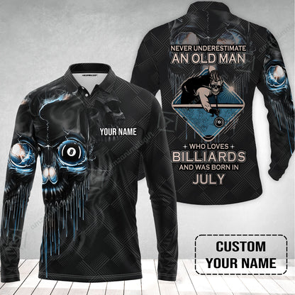 Customized Billiard Long Polo Shirt - Pool 8 Ball Never Underestimate An Old Man And Was Born In July Personalized Long Polo Shirt