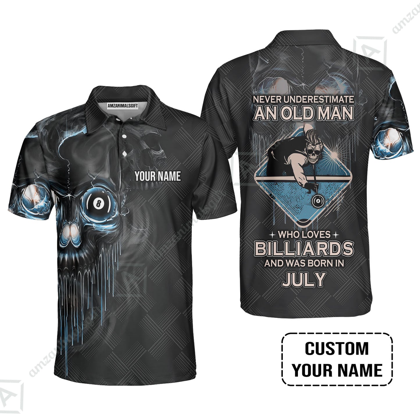 Customized Billiard Men Polo Shirt - Pool 8 Ball Never Underestimate An Old Man And Was Born In July Personalized Polo Shirt