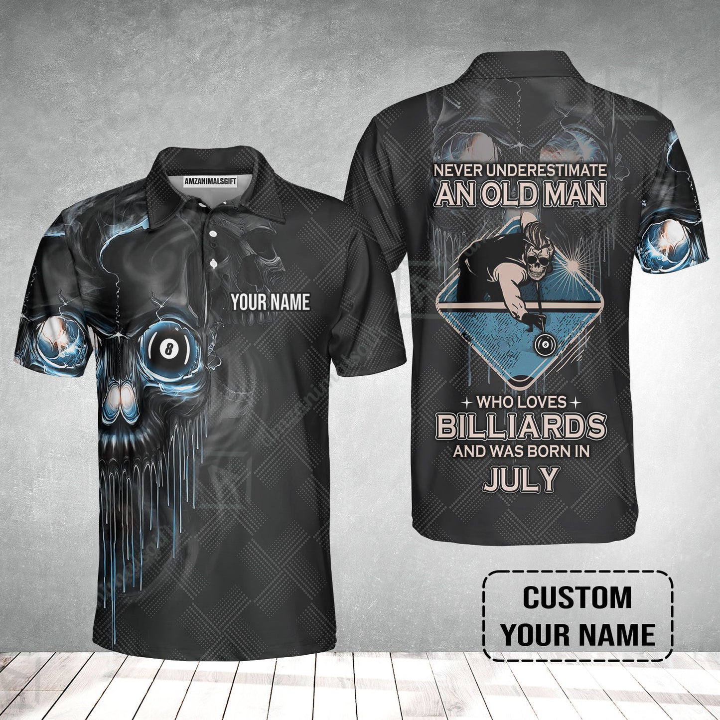 Customized Billiard Men Polo Shirt - Pool 8 Ball Never Underestimate An Old Man And Was Born In July Personalized Polo Shirt