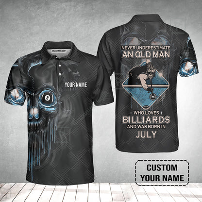 Customized Billiard Men Polo Shirt - Pool 8 Ball Never Underestimate An Old Man And Was Born In July Personalized Polo Shirt