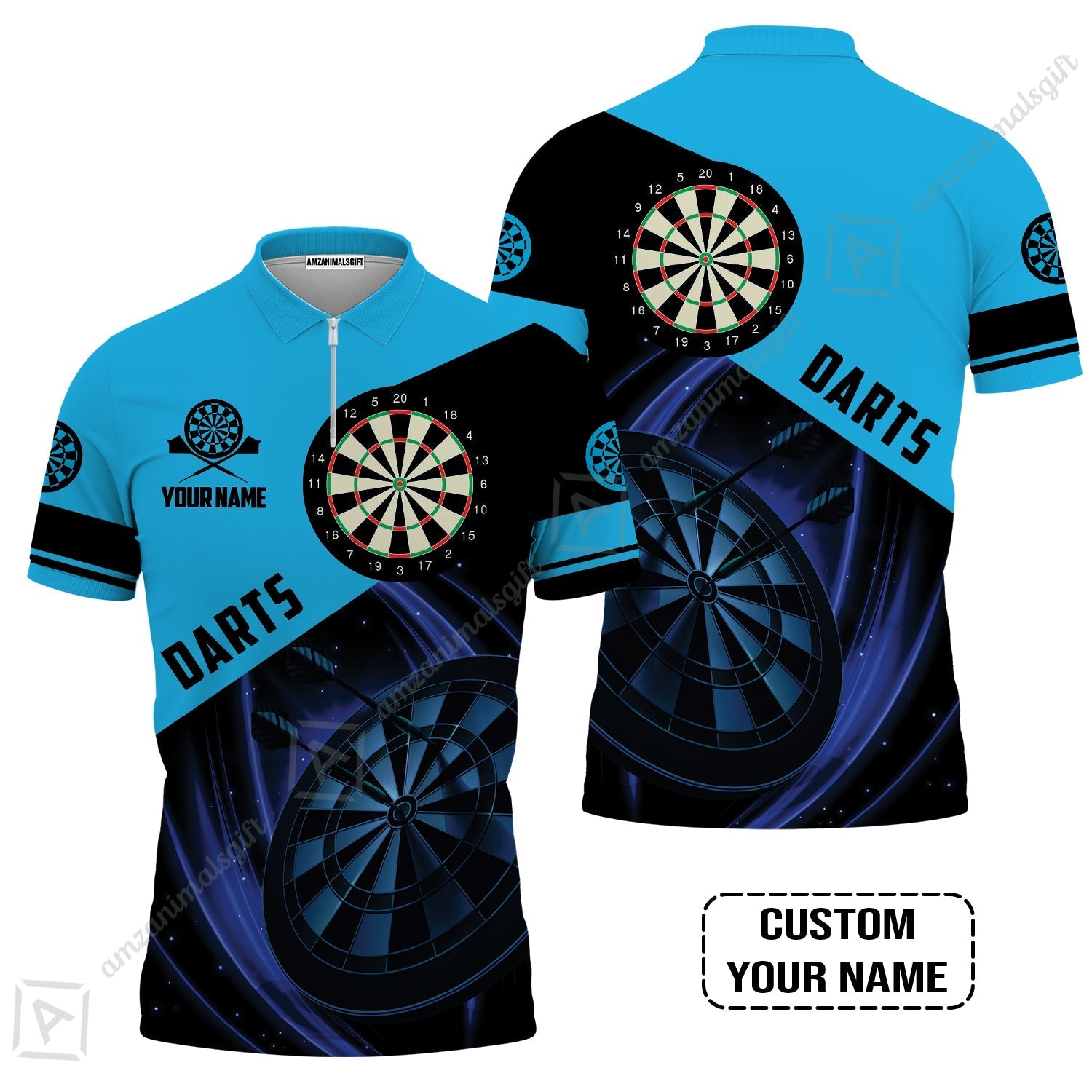 Customized Name Darts Zip Polo Shirt, Dartboard Personalized Name Blue Darts Team Zip Polo Shirt