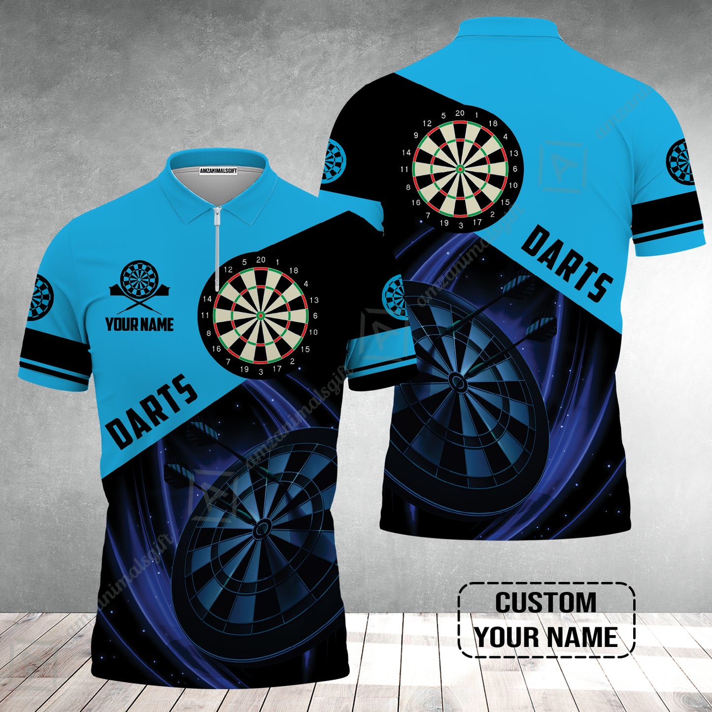 Customized Name Darts Zip Polo Shirt, Dartboard Personalized Name Blue Darts Team Zip Polo Shirt