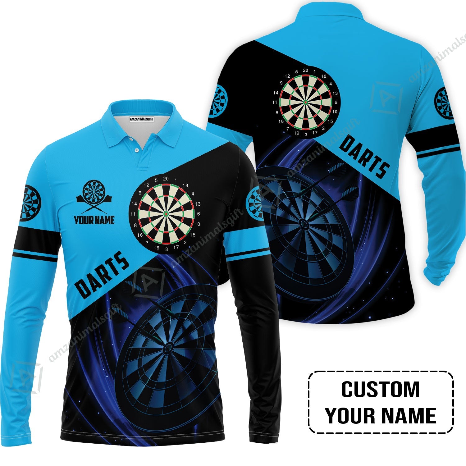 Customized Name Darts Long Polo Shirt, Dartboard Personalized Name Blue Darts Team Long Polo Shirt