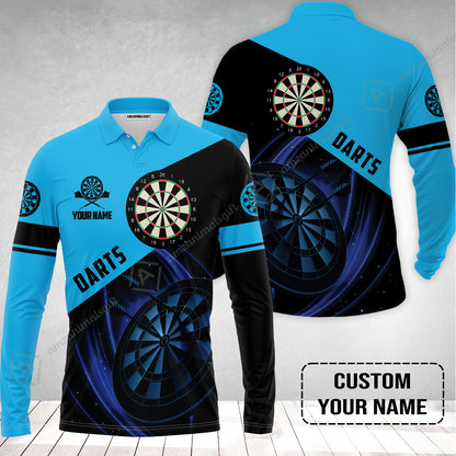 Customized Name Darts Long Polo Shirt, Dartboard Personalized Name Blue Darts Team Long Polo Shirt