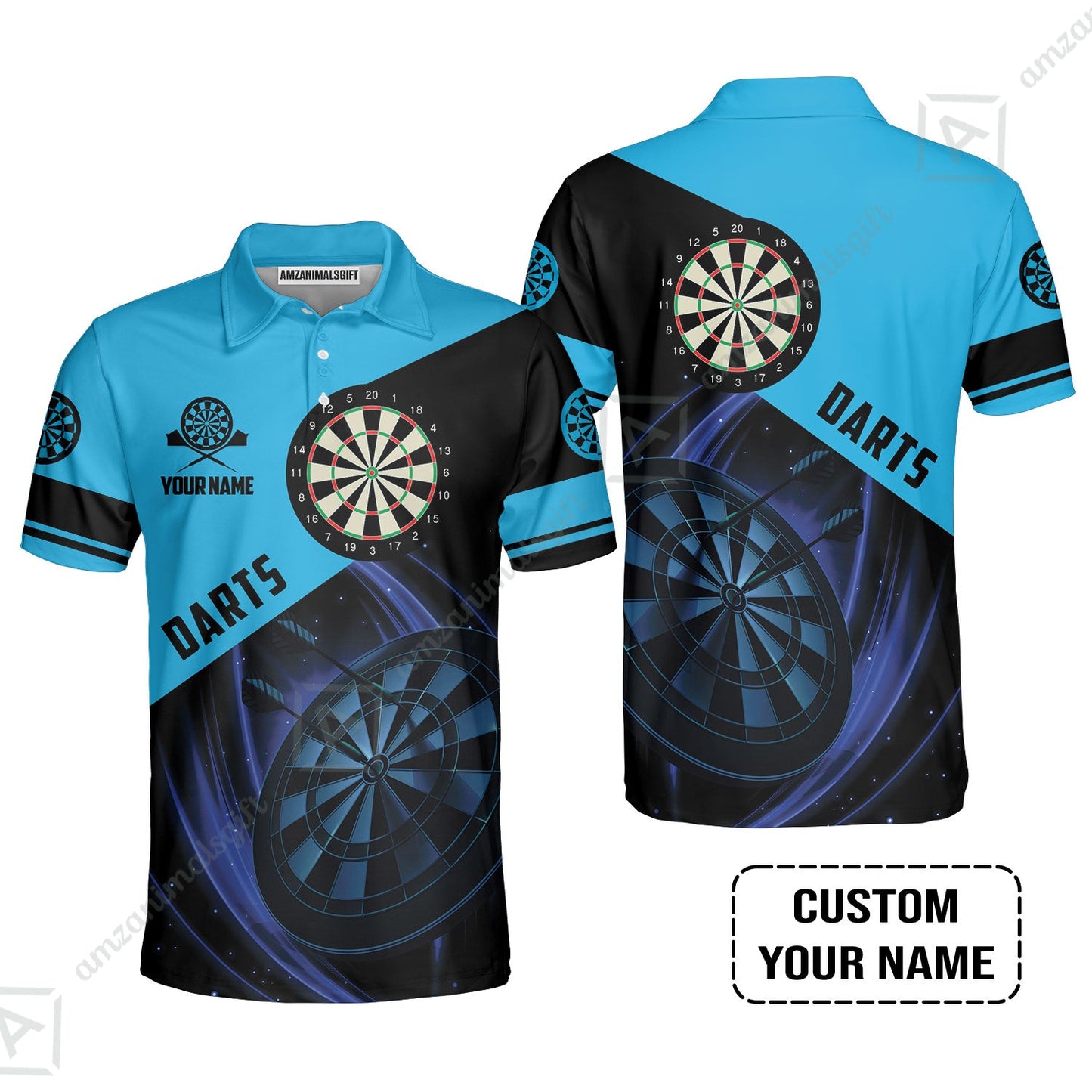 Customized Name Darts Long Polo Shirt, Dartboard Personalized Name Blue Darts Team Long Polo Shirt