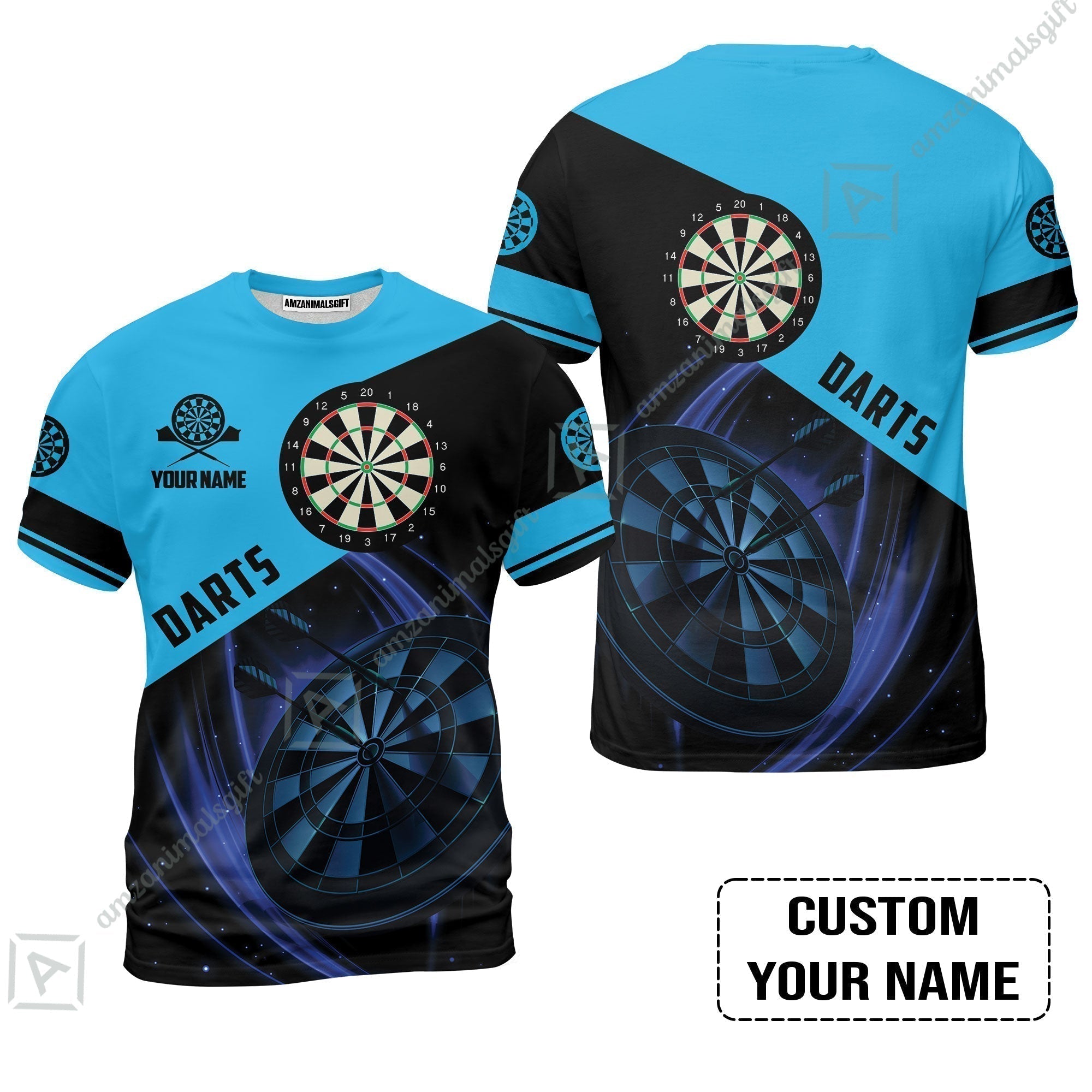 Customized Name Darts T-Shirt, Dartboard Personalized Name Blue Darts Team T-Shirt