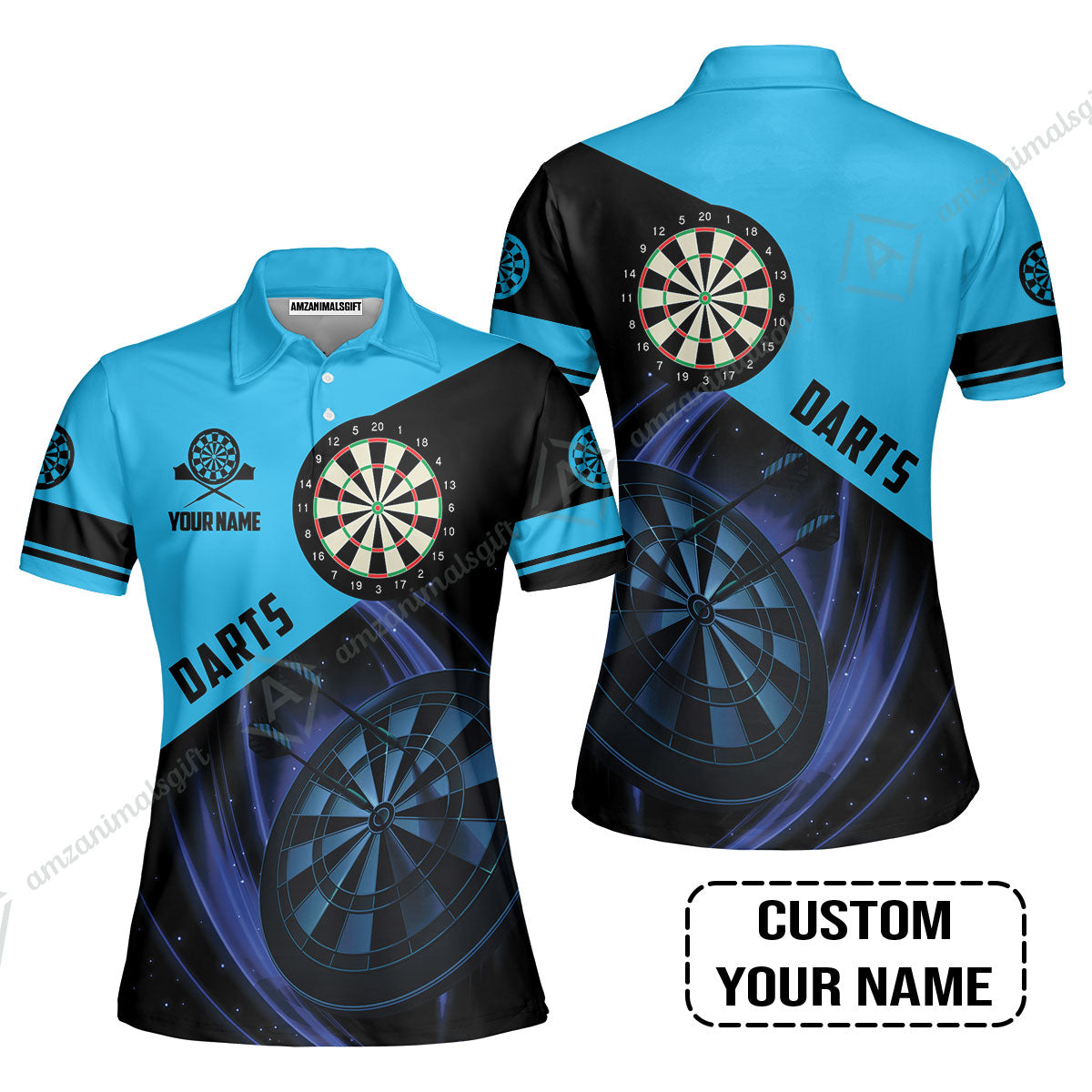 Customized Name Darts Women Polo Shirt, Dartboard Personalized Name Blue Darts Team Women Polo Shirt
