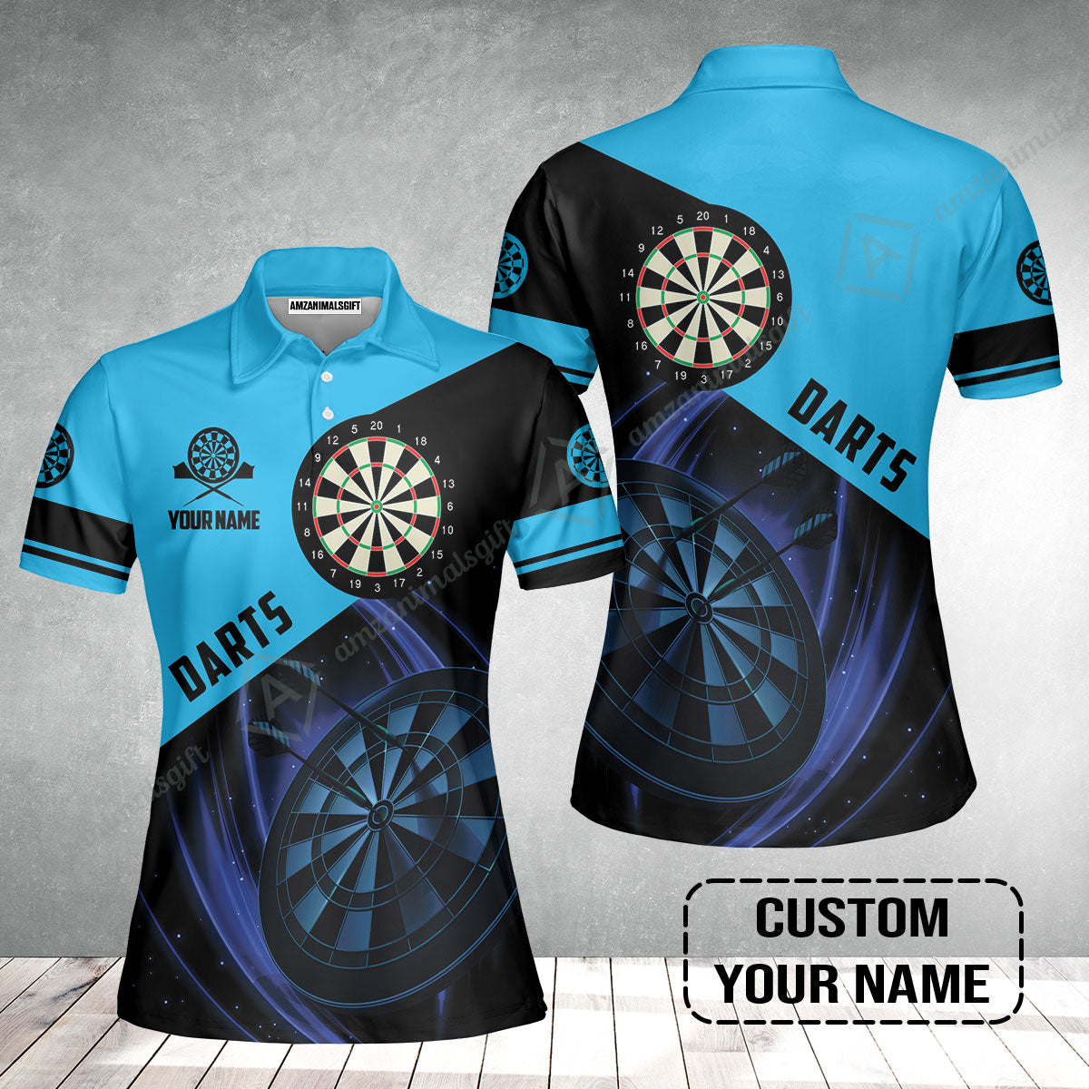 Customized Name Darts Women Polo Shirt, Dartboard Personalized Name Blue Darts Team Women Polo Shirt