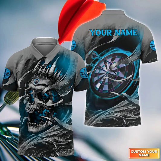 Darts Men Polo Shirt Custom Name - Teal Skull Dartboard Personalized Polo Shirt For Men - Gift For Darts Player, Friend, Family