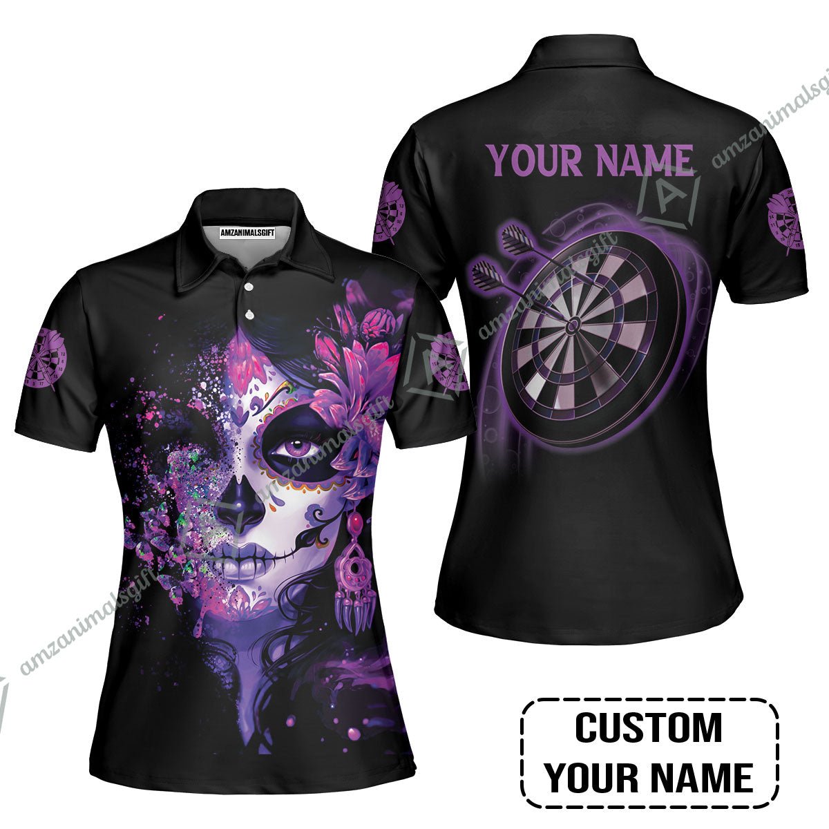 Customized Darts Women Polo Shirt, Skull Girl Butterfly Personalized Sugar Skull And Darts Women Polo Shirt