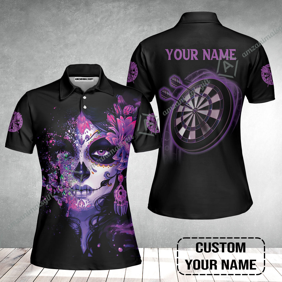 Customized Darts Women Polo Shirt, Skull Girl Butterfly Personalized Sugar Skull And Darts Women Polo Shirt