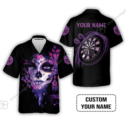 Customized Darts Long Sleeve Men Polo Shirt, Skull Girl Butterfly Personalized Sugar Skull And Darts Polo Shirt