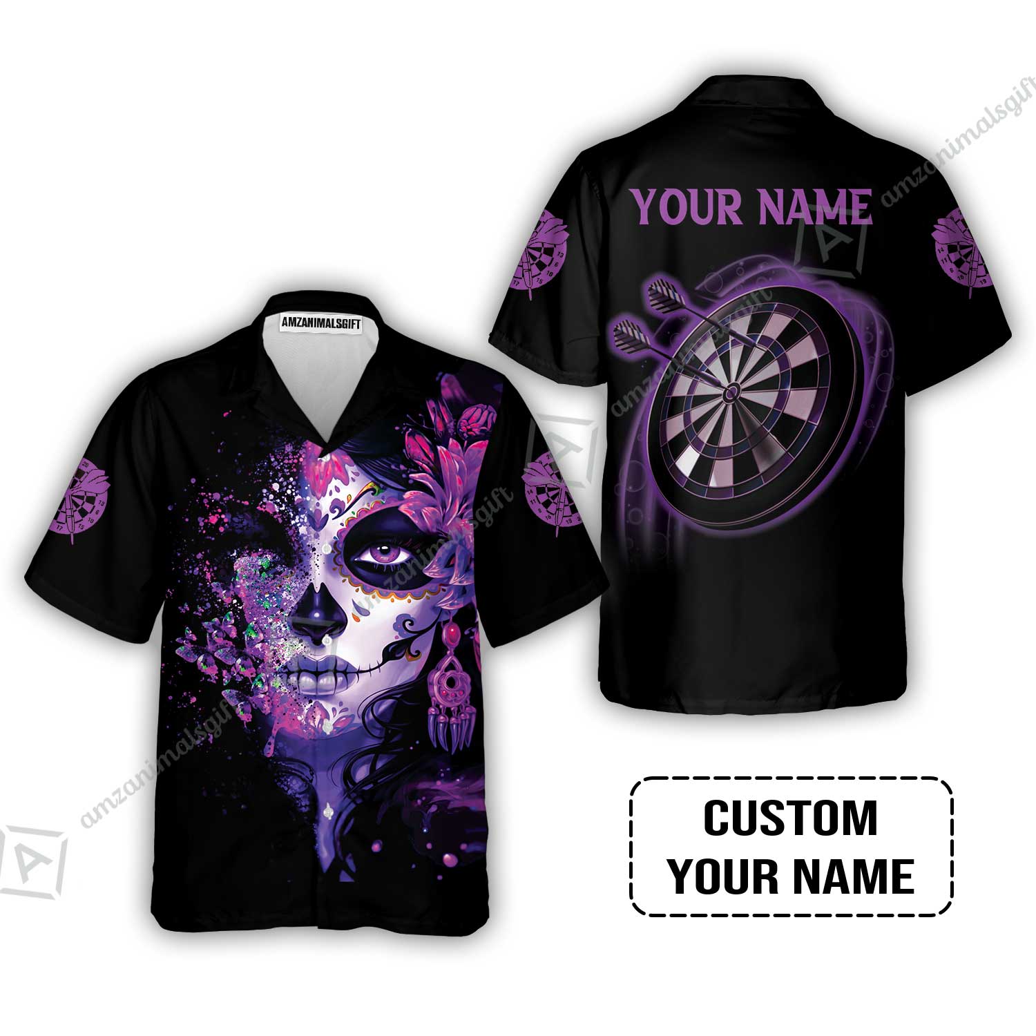 Customized Darts Hawaiian Shirt, Skull Girl Butterfly Personalized Sugar Skull And Darts Hawaiian Shirt