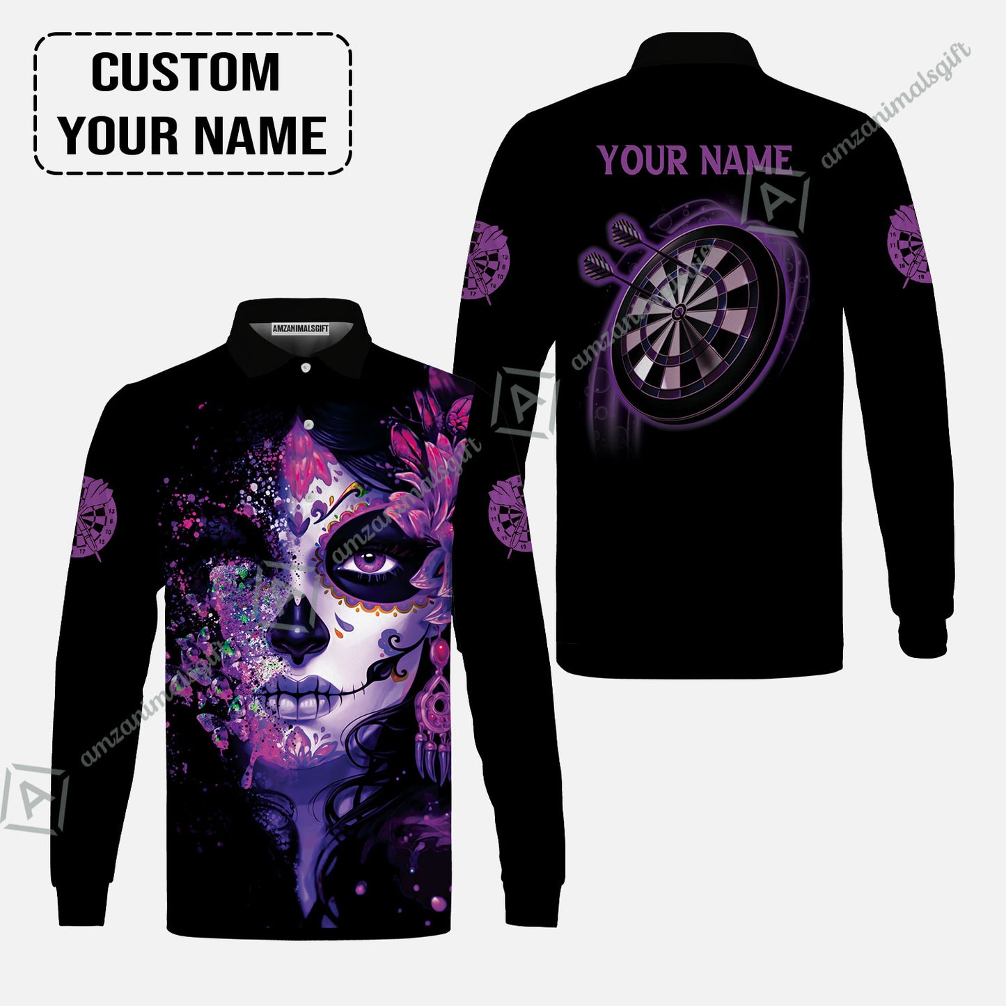 Customized Darts Men Polo Shirt, Skull Girl Butterfly Personalized Sugar Skull And Darts Polo Shirt