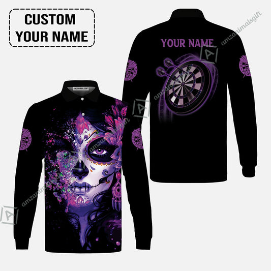 Customized Darts Long Sleeve Men Polo Shirt, Skull Girl Butterfly Personalized Sugar Skull And Darts Polo Shirt