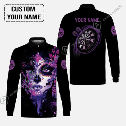 Customized Darts Women Polo Shirt, Skull Girl Butterfly Personalized Sugar Skull And Darts Women Polo Shirt