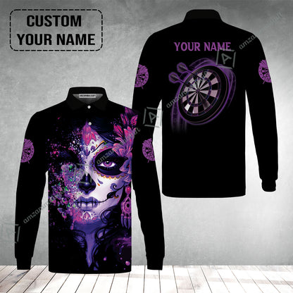 Customized Darts Long Sleeve Men Polo Shirt, Skull Girl Butterfly Personalized Sugar Skull And Darts Polo Shirt