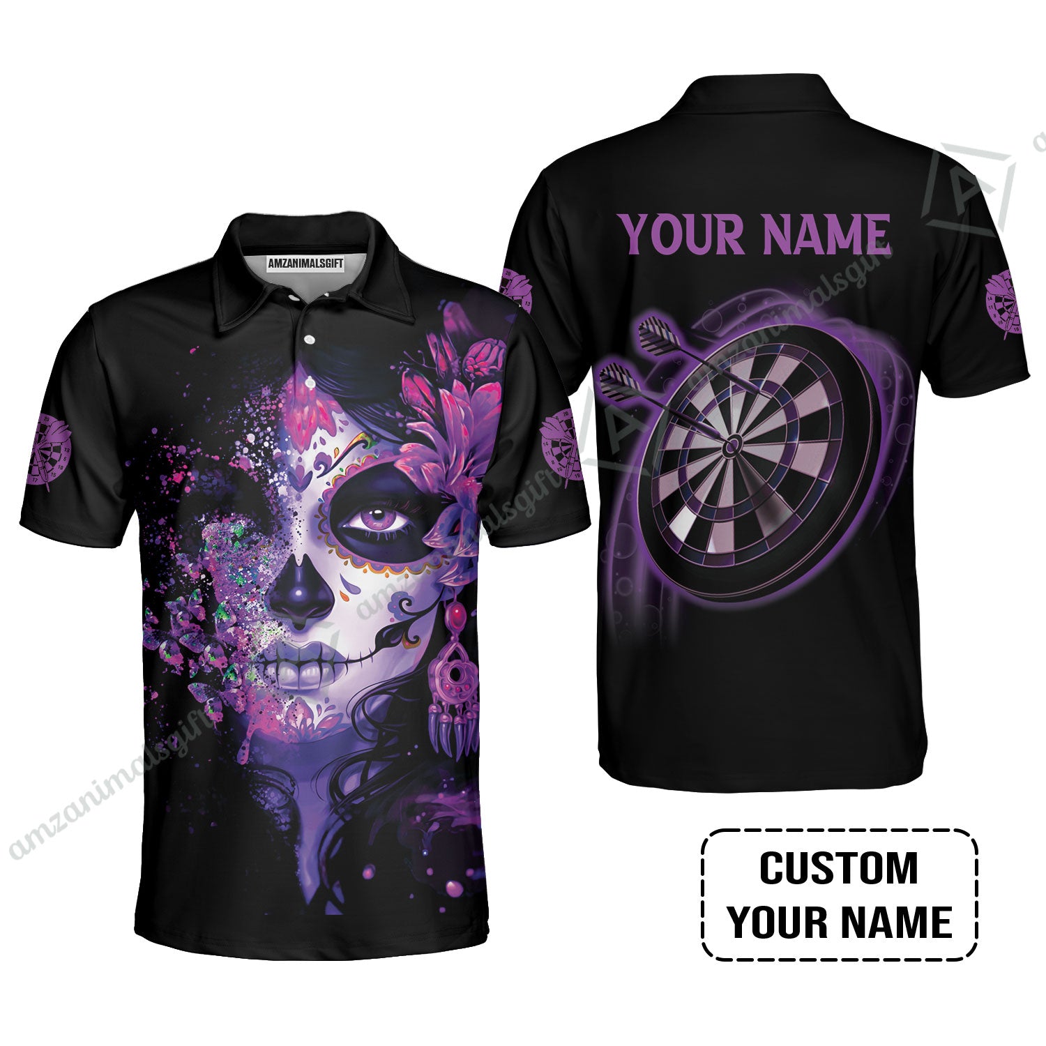 Customized Darts Men Polo Shirt, Skull Girl Butterfly Personalized Sugar Skull And Darts Polo Shirt