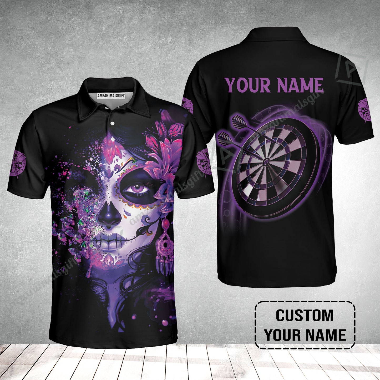 Customized Darts Men Polo Shirt, Skull Girl Butterfly Personalized Sugar Skull And Darts Polo Shirt