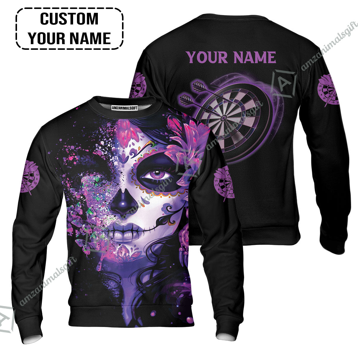 Customized Darts Sweatshirt, Skull Girl Butterfly Personalized Sugar Skull And Darts Sweatshirt