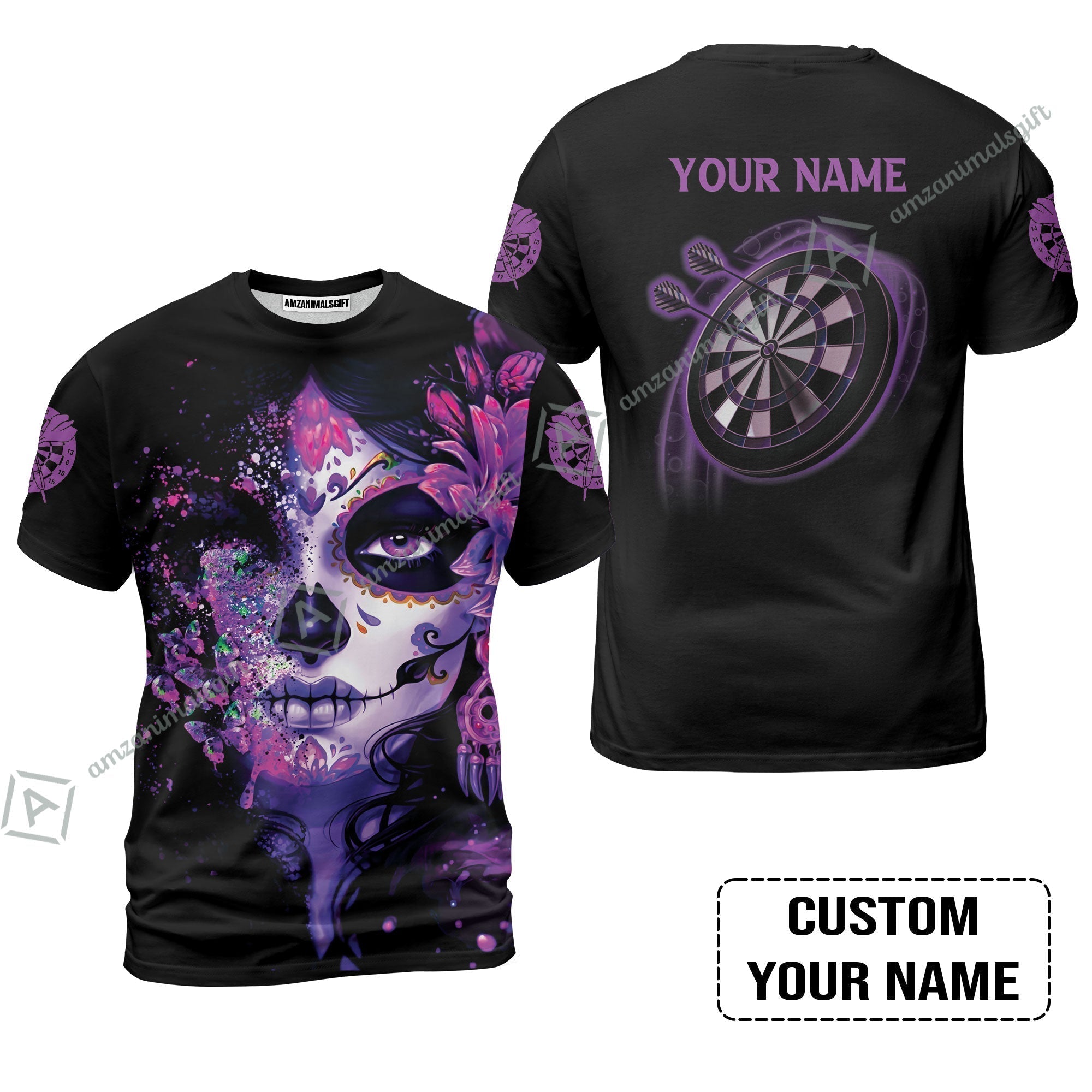 Customized Darts T-Shirt, Skull Girl Butterfly Personalized Sugar Skull And Darts T-Shirt