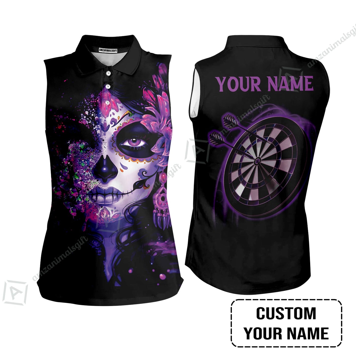 Customized Darts Long Sleeve Men Polo Shirt, Skull Girl Butterfly Personalized Sugar Skull And Darts Polo Shirt