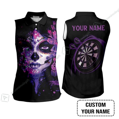 Customized Darts Long Sleeve Men Polo Shirt, Skull Girl Butterfly Personalized Sugar Skull And Darts Polo Shirt