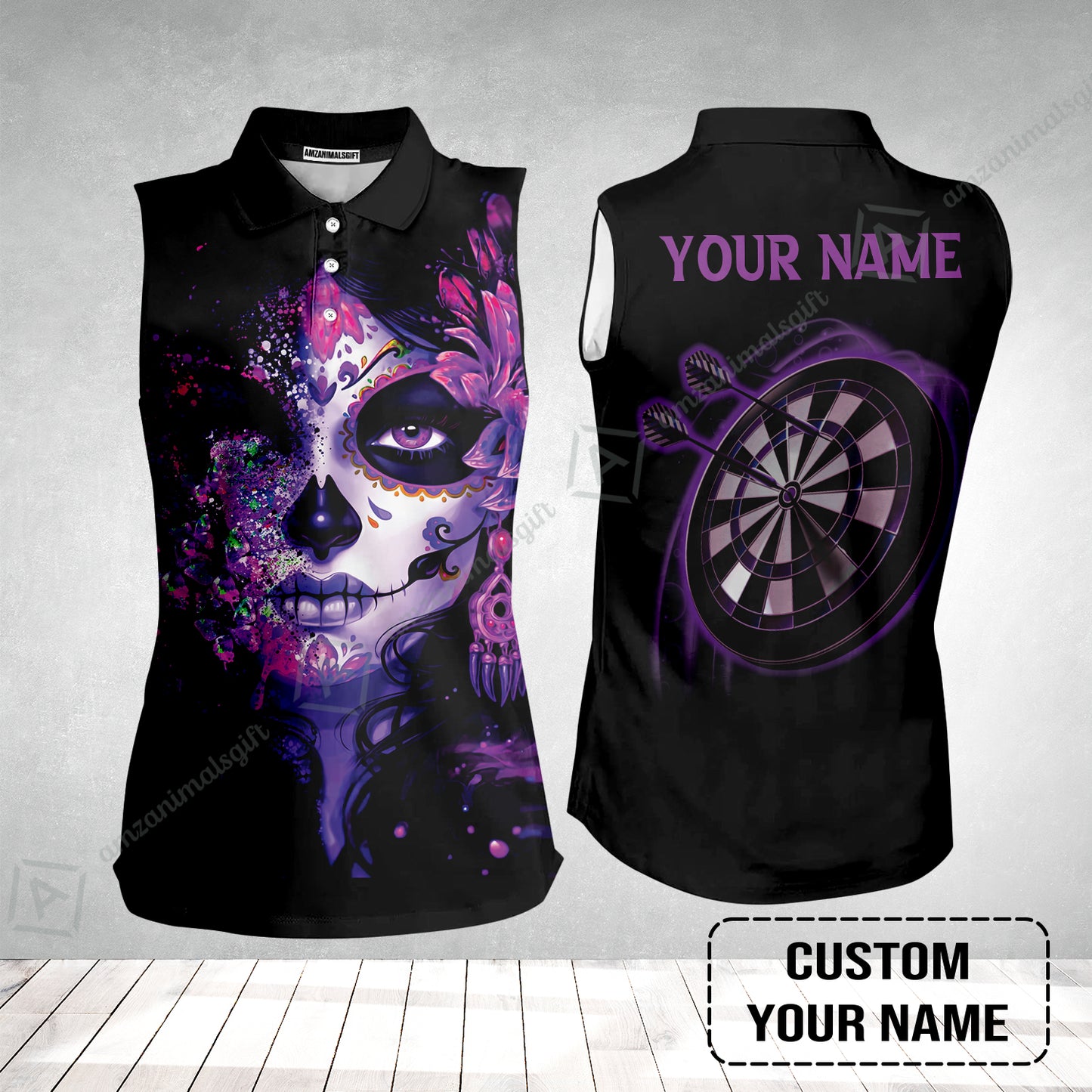 Customized Darts Women Sleeveless Polo Shirt, Skull Girl Butterfly Personalized Sugar Skull And Darts Women Sleeveless Polo Shirt