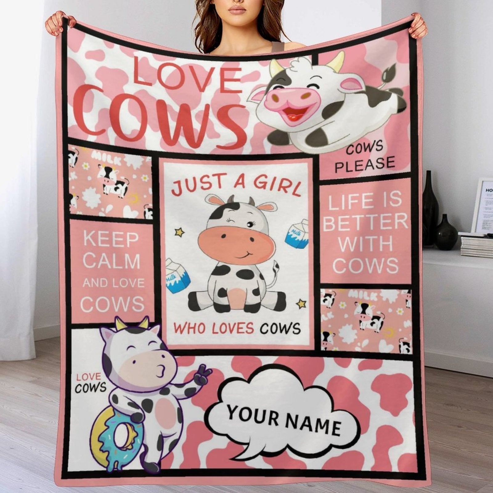 Cute Dairy Cow Baby Kids Blanket With Personalized Name For Baby Nursery, Son, Daughter, Granddaughter, Grandson