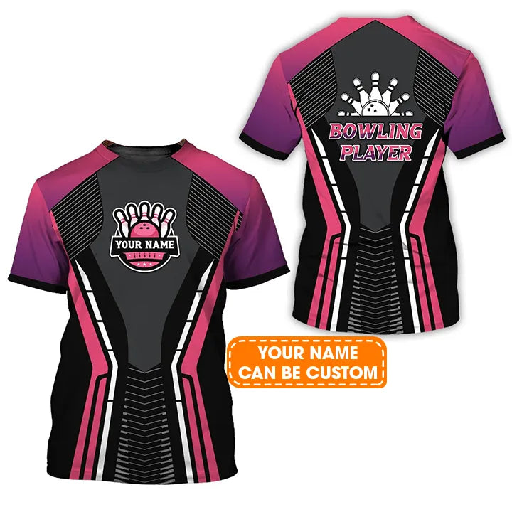 Bowling Custom Name T Shirt, Bowling Strike Black Pink Personalized T-Shirt For Men, Perfect Gift For Bowling Lovers, Bowlers, Team, Friend