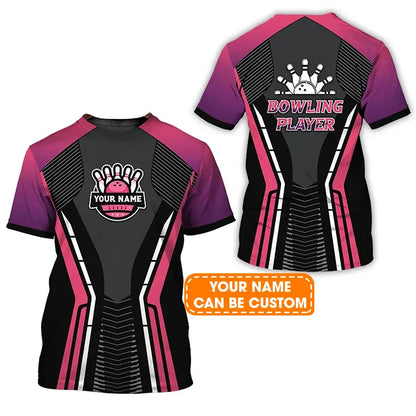 Bowling Custom Name T Shirt, Bowling Strike Black Pink Personalized T-Shirt For Men, Perfect Gift For Bowling Lovers, Bowlers, Team, Friend