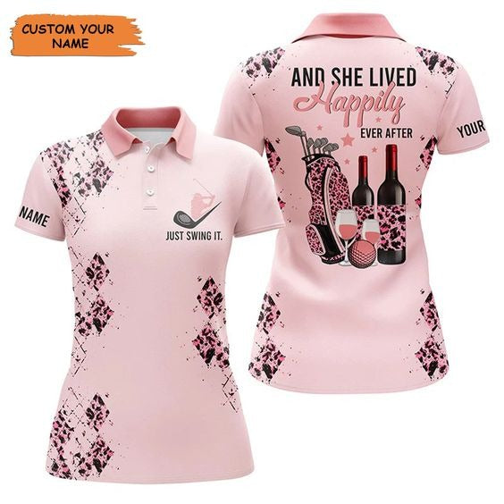 Customized Name Golf Women Polo Shirts, Pink Leopard Pattern Personalized Golf And Wine And She Lived Happily - Perfect Gift For Golfers, Golf Lovers