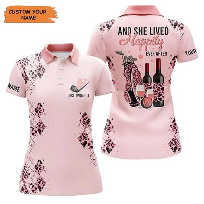 Customized Name Golf Women Polo Shirts, Pink Leopard Pattern Personalized Golf And Wine And She Lived Happily - Perfect Gift For Golfers, Golf Lovers