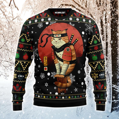 Ninja Cat Ugly Christmas Sweater, Funny Christmas Pattern Ugly Sweater For Men & Women - Best Gift For Christmas, Friends, Cat Lovers