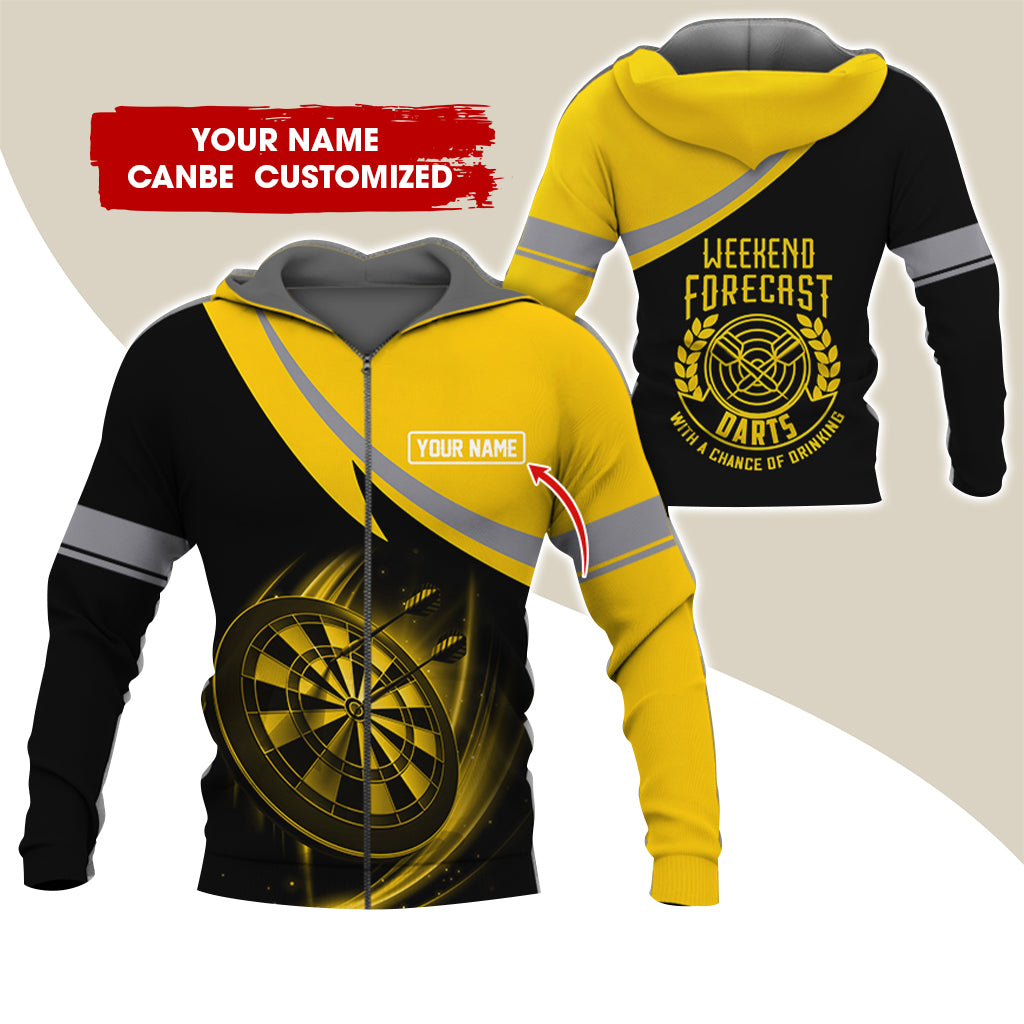 Personalized Name Darts Premium Zip Hoodie, Custom Name Weekend Forecast Darts Zip Hoodie For Men & Women - Gift For Darts Lovers, Darts Players