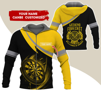 Personalized Name Darts Premium Zip Hoodie, Custom Name Weekend Forecast Darts Zip Hoodie For Men & Women - Gift For Darts Lovers, Darts Players