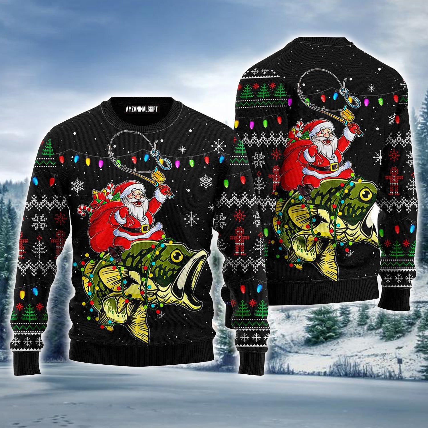 Santa Riding Bass Fish Ugly Christmas Sweater For Men & Women, Perfect Outfit For Christmas New Year Autumn Winter