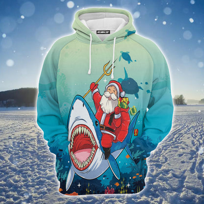 Santa Claus With Shark Premium Christmas Hoodie, Blue Ocean Unisex Hoodie For Men & Women - Perfect Gift For Christmas, Friends, Family