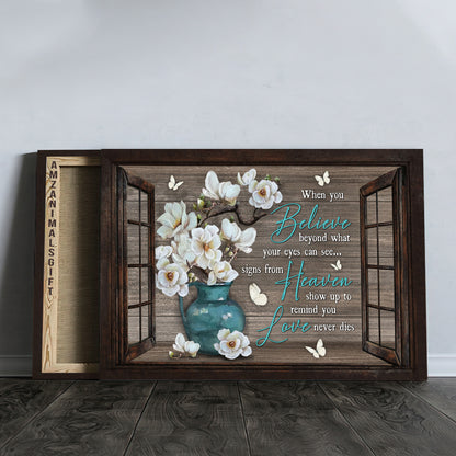 Memorial Premium Wrapped Landscape Canvas - White Flower, White Butterfly, Window Frame, Love Never Dies - Heaven Gift For Members Family