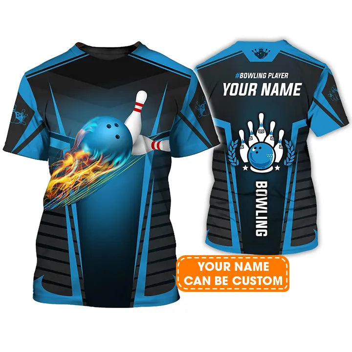 Bowling T shirt Custom Name - The Blue Bowling Ball in Flames Breaks White Skittles Personalized T-shirt - Gift For Friend, Family, Bowling Lovers
