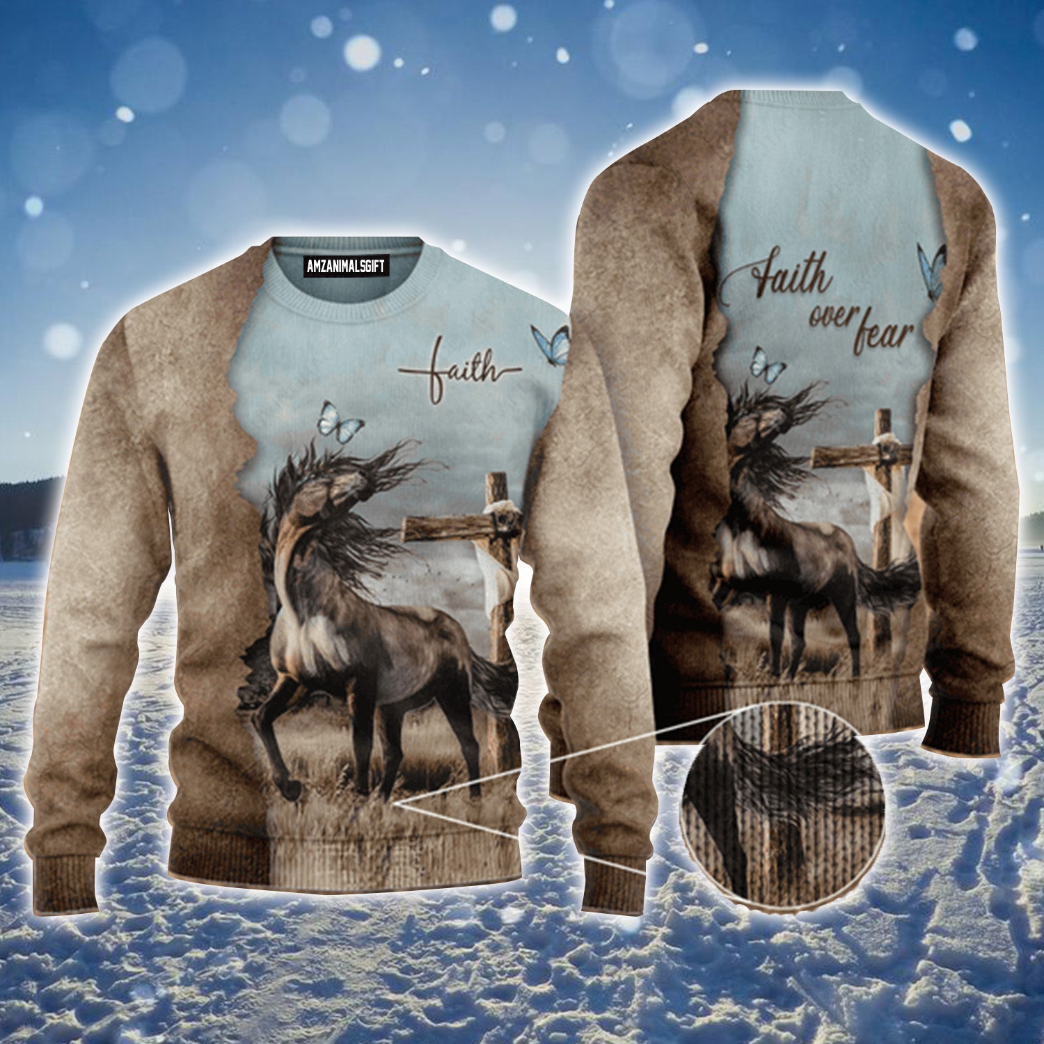 Faith Horse Cross Blue Butterfly Faith Over Fear Urly Sweater, Christmas Sweater For Men & Women - Perfect Gift For New Year, Winter, Christmas