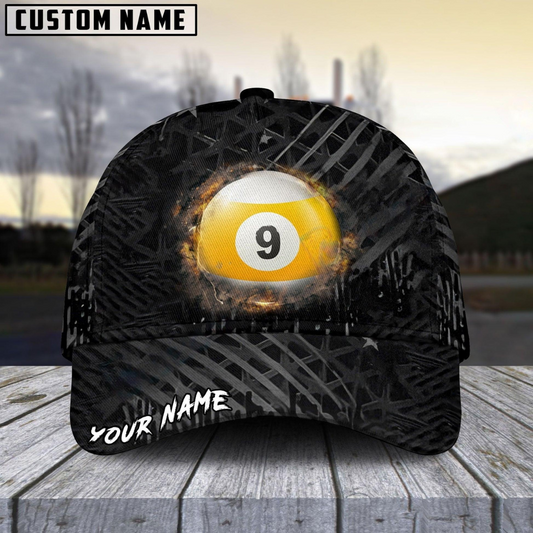 Customized Billiard Cap, Billiard Pool Ball 9 Fire Black US Flag Personalized Name 3D Hats, Best Billiard Pool Hat For Billiard Players