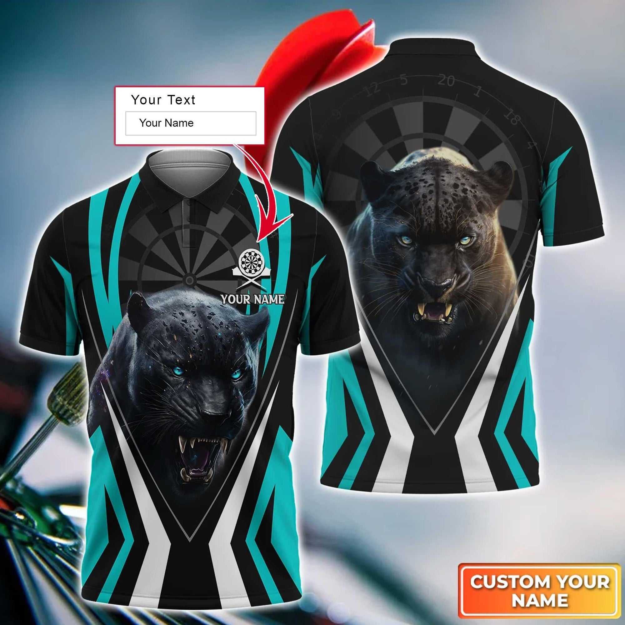 Black Panther And Darts Custom Name Men Polo Shirt, Bullseye Dartboard Personalized Polo Shirt Gift For Darts Lovers, Friends, Team