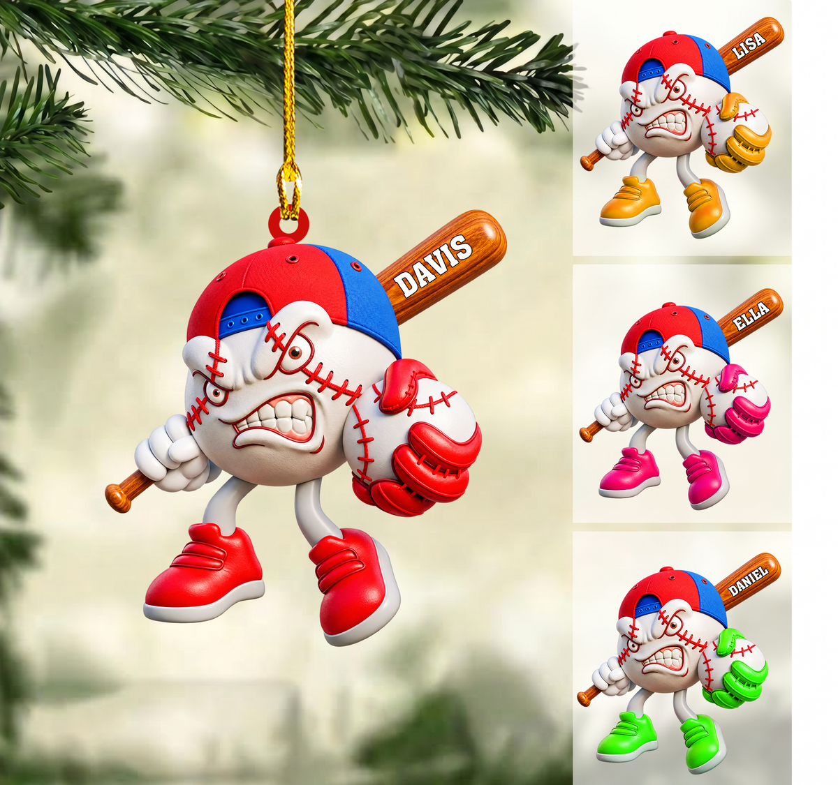 Personalized Baseball Christmas Ornament, Fierce Mascot Holding Bat And Glove, Custom Ornament Christmas Gift, Keychain Baseball, Car Ornament Baseball