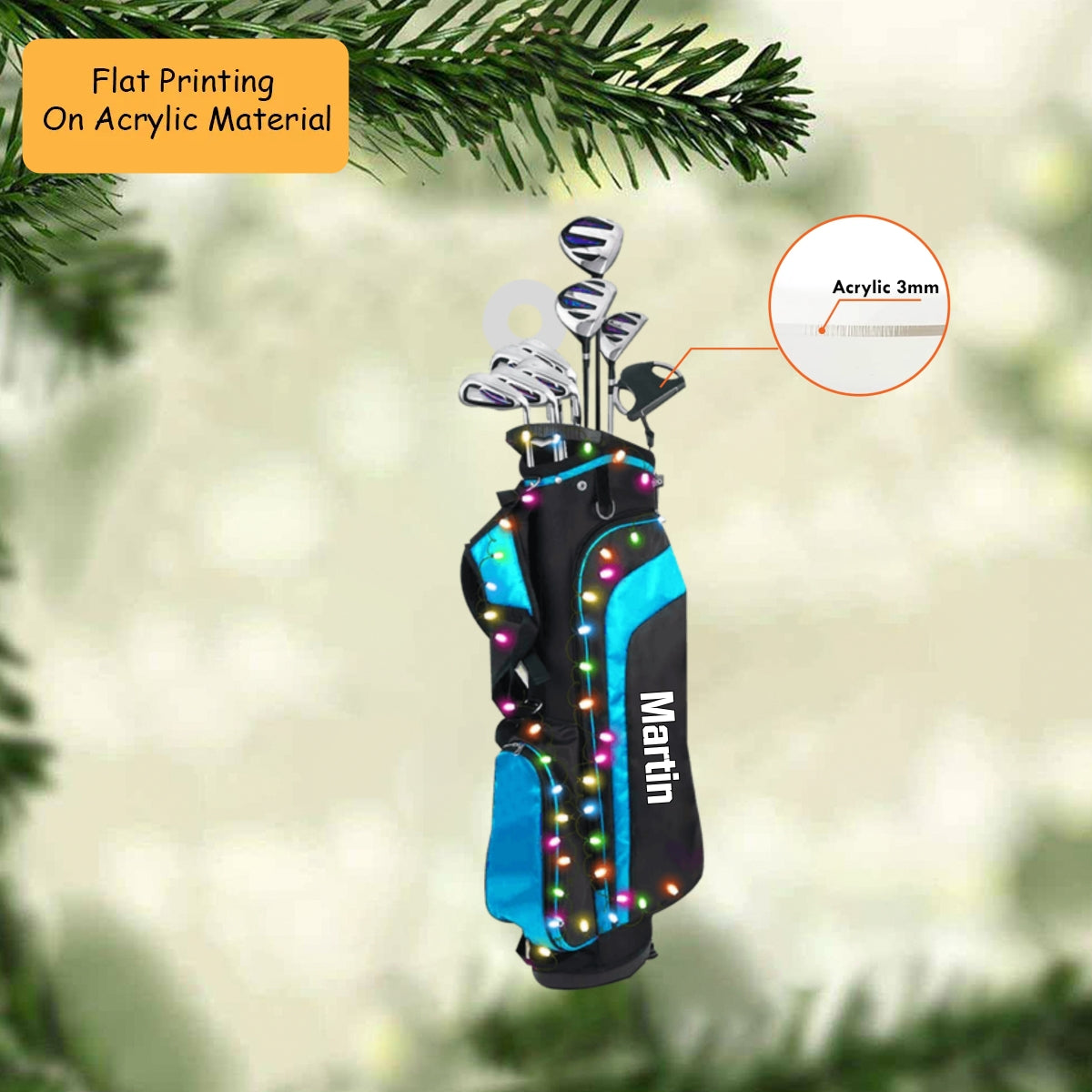 Personalized Golf Bag With Christmas Light Xmas Acrylic Ornament, Golf Bag Keychain, Car Ornament, Christmas Ornament Gifts