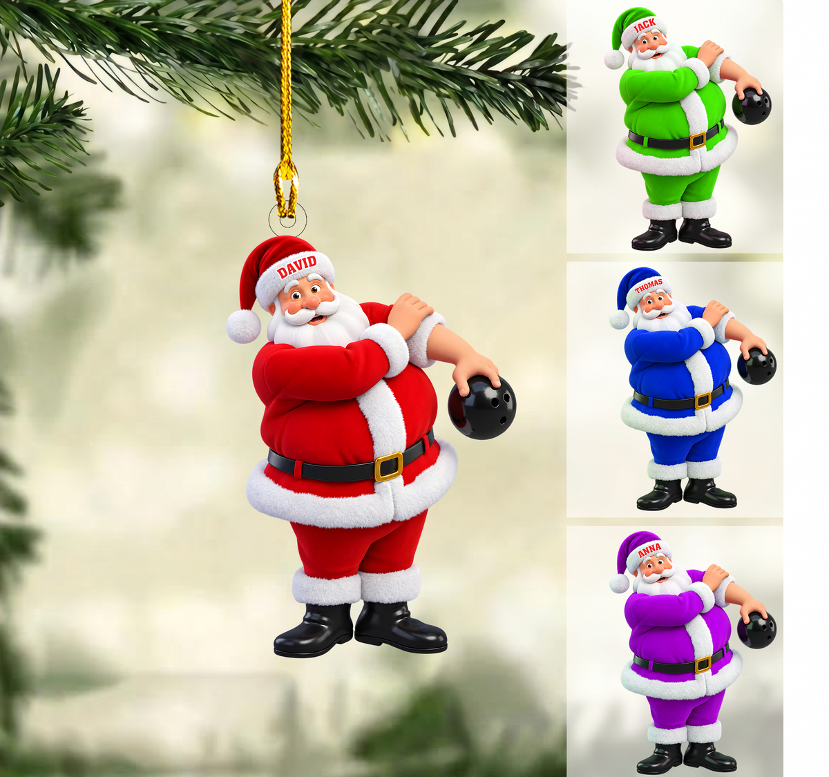 Personalized Santa Bowler Christmas Ornament, Cheeky Santa Looking Over Shoulder, Custom Ornament Christmas Gift, Keychain Bowling, Car Ornament Bowling