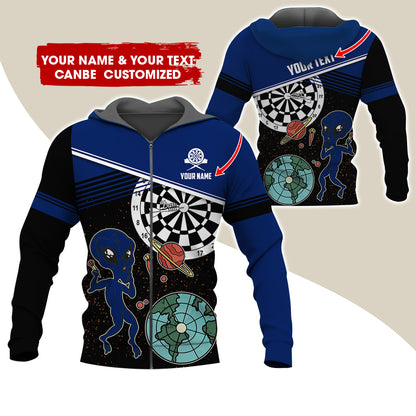 Customized Name Alien Darts Premium Zip Hoodie, Personalized Name & Text Darts Zip Hoodie For Men & Women - Gift For Darts Lovers, Darts Players